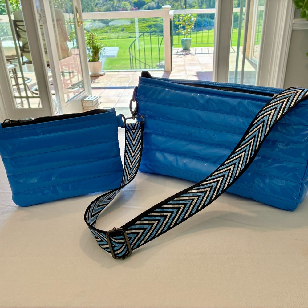 New THINK ROYLN Blue Patent Puffer Crossbody Bag Set